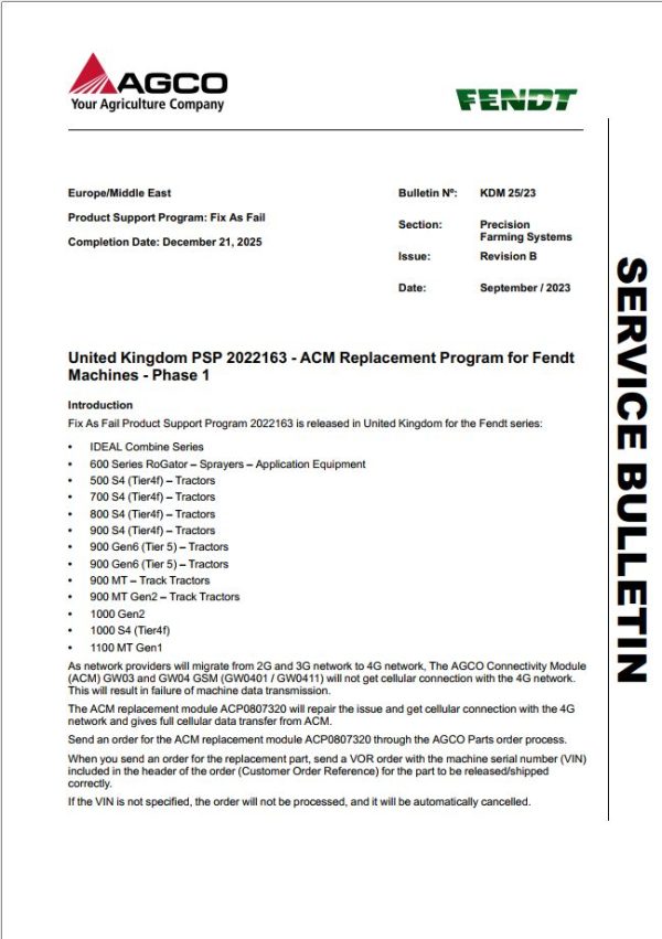 Fendt AG Tractor Service Bulletins 2010 - 2024 English PDF Detailed Version
